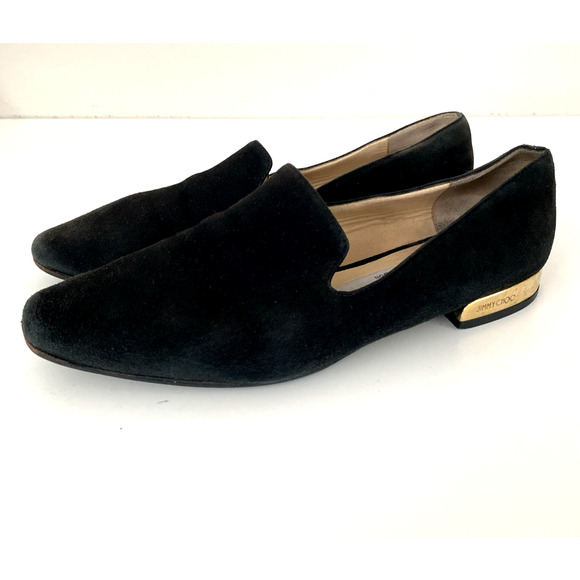 Jimmy Choo Jaida Black Suede Square Toe Smoking Slipper Flat Gold Heel 36 5.5 - Picture 8 of 16